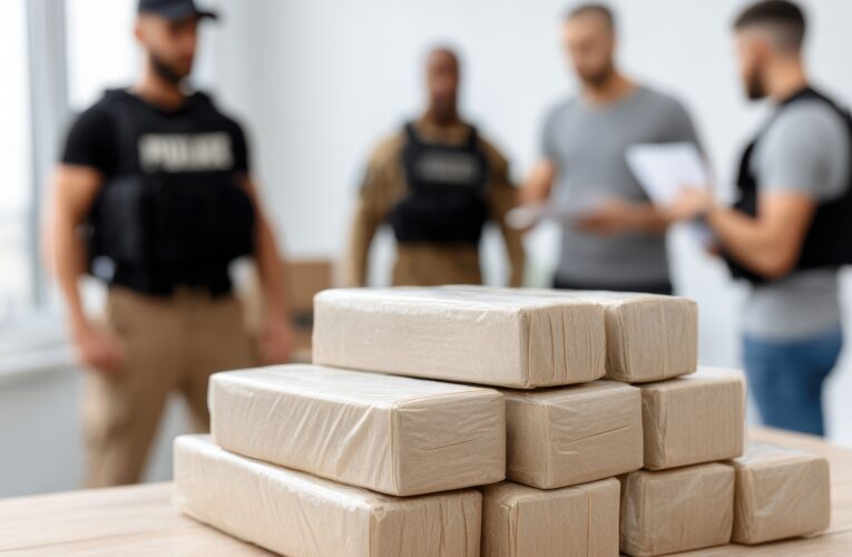 Bricks of packed drugs on a table, officers discussing in the background, successful drug bust operation after a police raid.