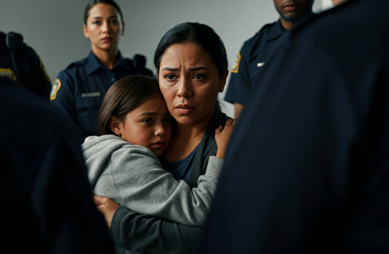 Mother comforts her daughter while surrounded by police officers, conveying a sense of fear, uncertainty, and the need for protection